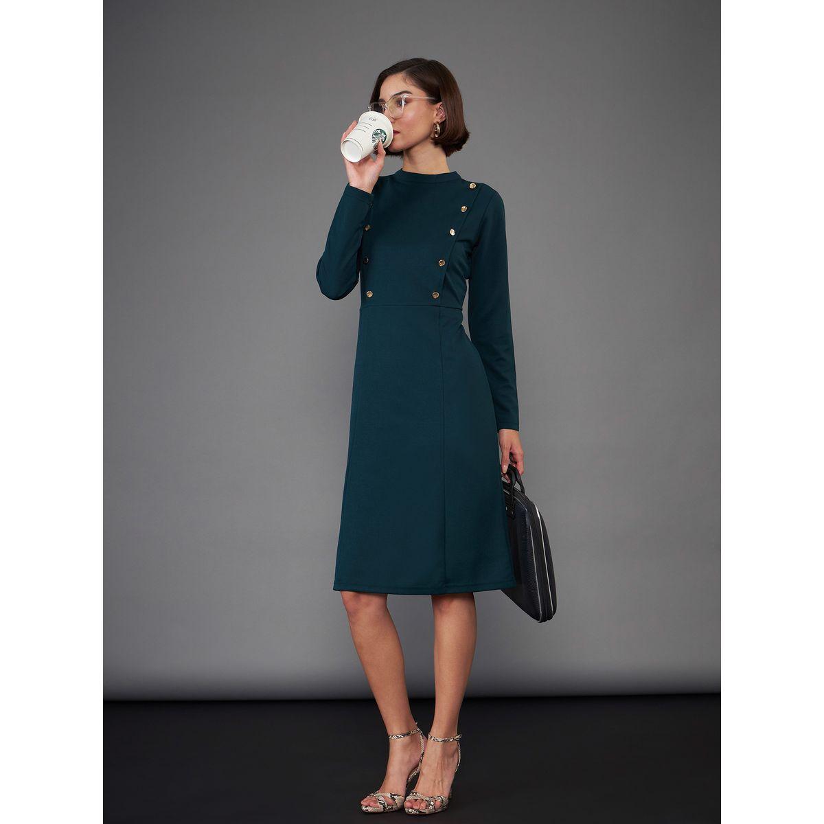 High Neck Button Yoke Detail Knee Length Dress-women-clothing-dresses-image-2