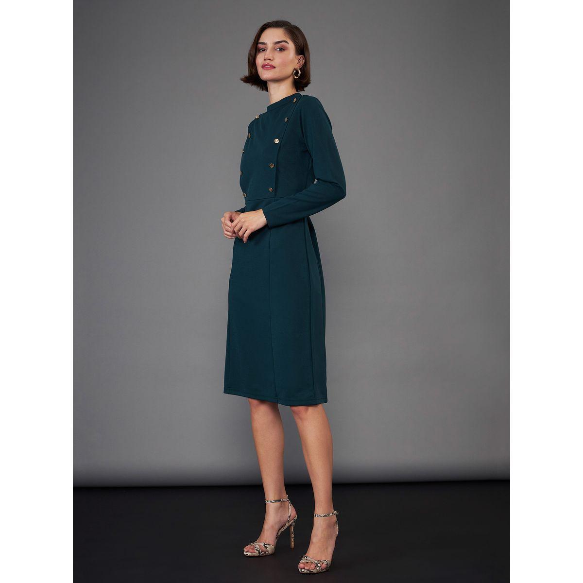 High Neck Button Yoke Detail Knee Length Dress-women-clothing-dresses-image-3