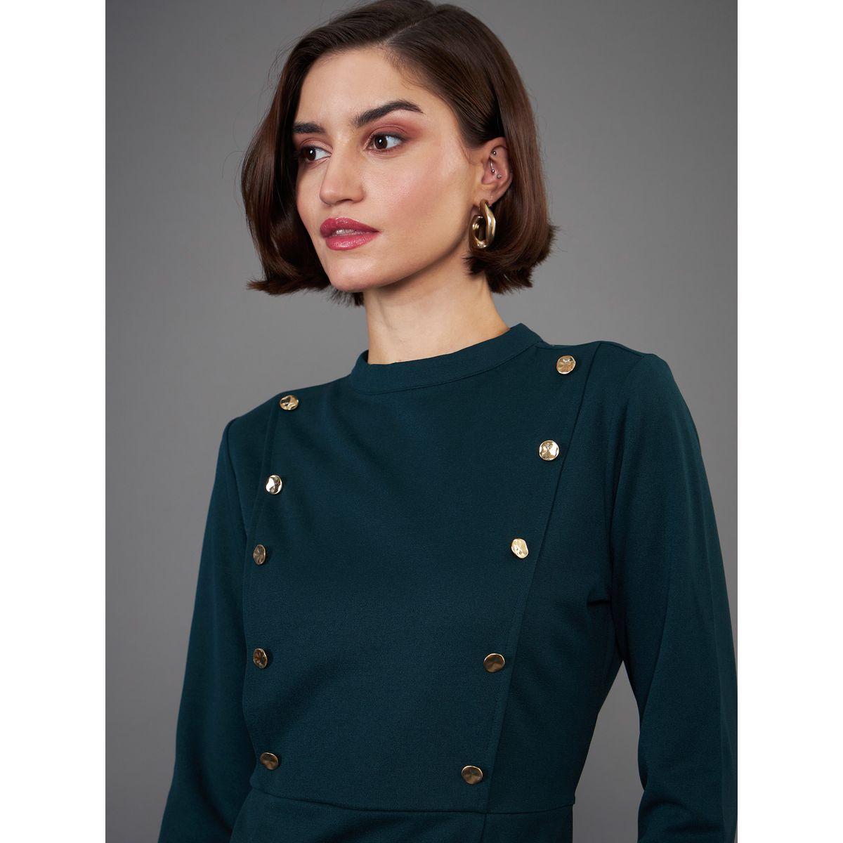 High Neck Button Yoke Detail Knee Length Dress-women-clothing-dresses-image-4