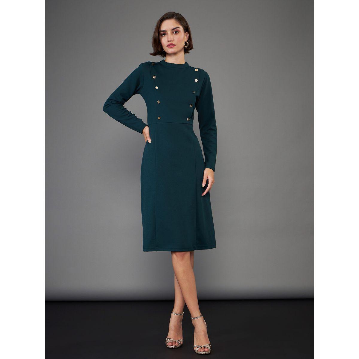 High Neck Button Yoke Detail Knee Length Dress-women-clothing-dresses-image-6