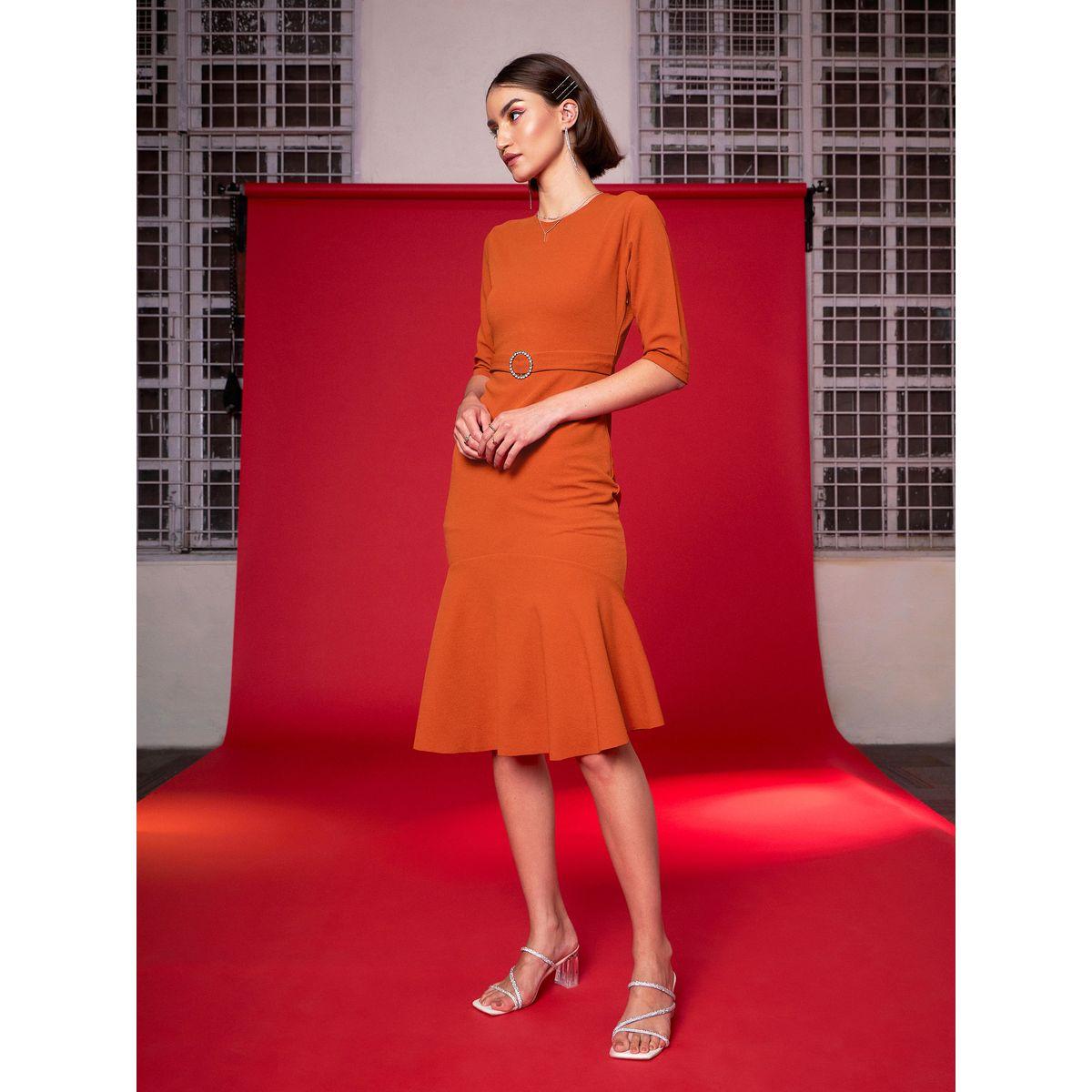 Sassafras X Styli Frill Hem Belted Midi Dress with 3/4 Sleeve-women-clothing-dresses-image-3