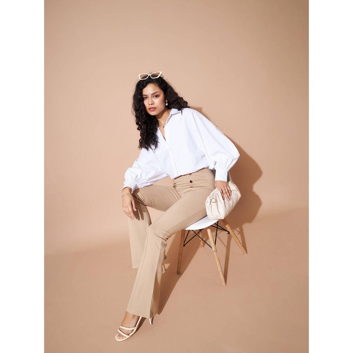 Sassafras X Styli High Rise Gold Show Button Detail Flare Pants-women-clothing-bottoms-trousers-image-2
