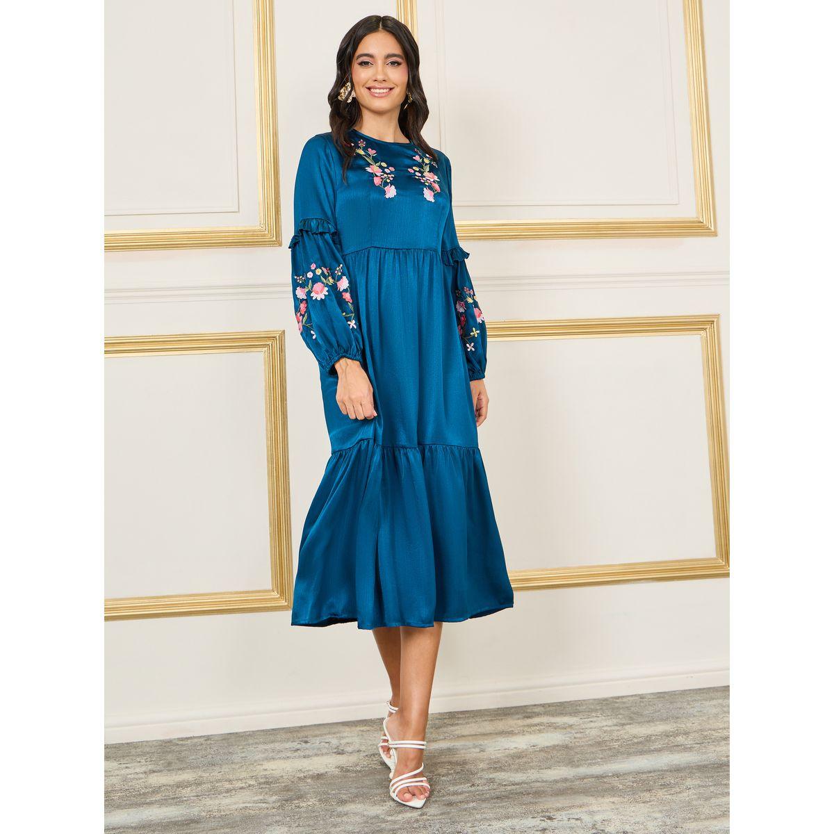 Styli Limited Satin Floral Embroidered Tiered Midi Dress-women-clothing-dresses-image-1