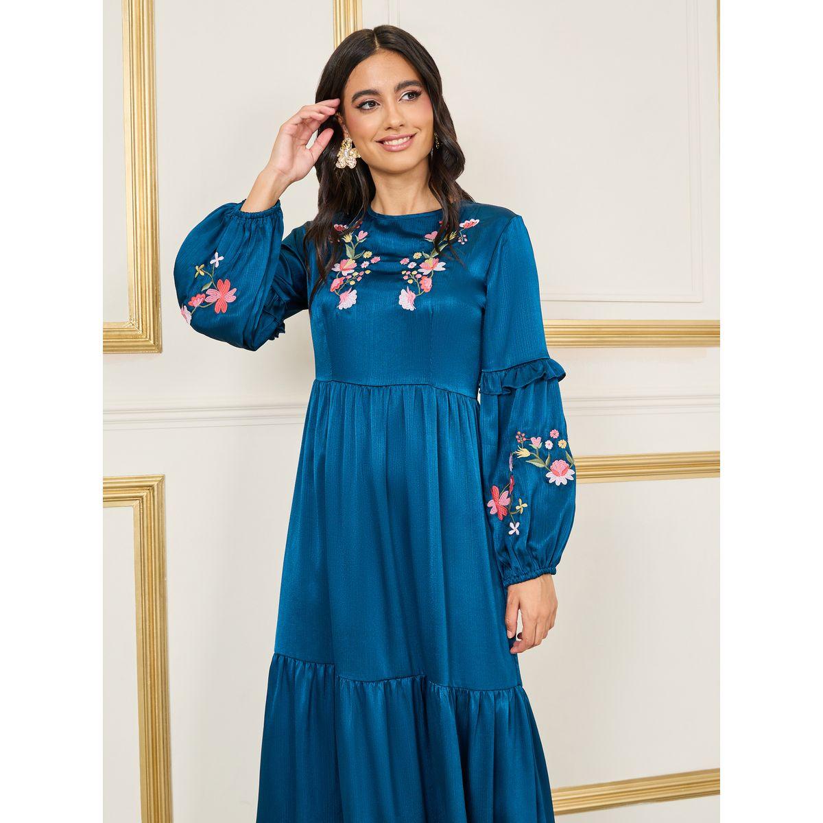 Styli Limited Satin Floral Embroidered Tiered Midi Dress-women-clothing-dresses-image-2