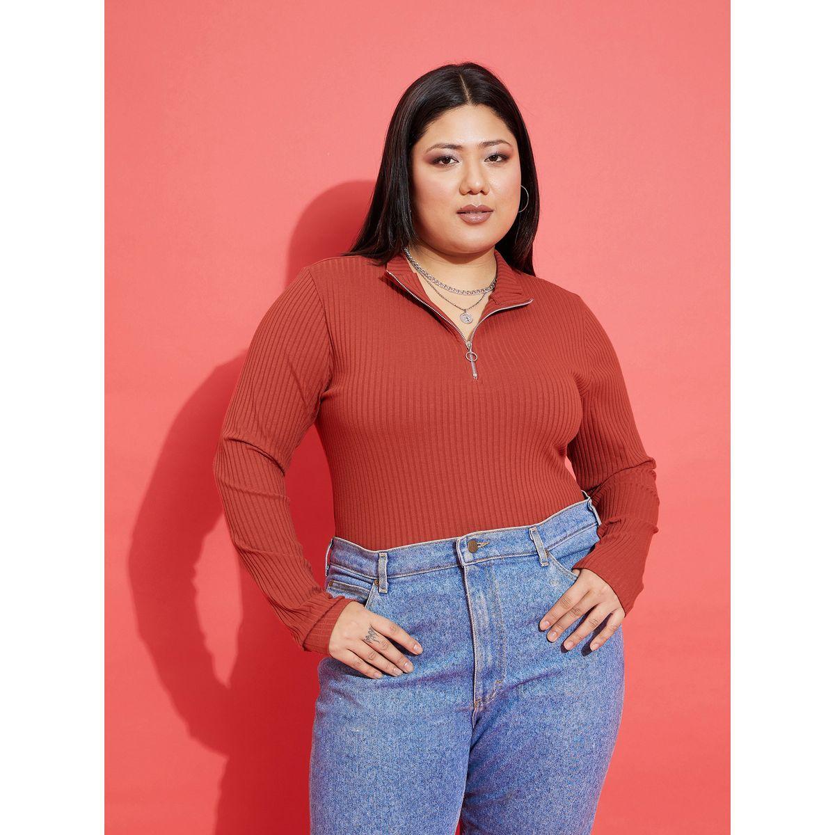 Sassafras X Styli Plus Collared Rib Front Zip Long Sleeve Top-women-clothing-shirtsandblouses-blouses-image-1