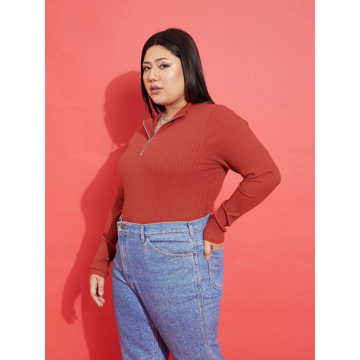 Sassafras X Styli Plus Collared Rib Front Zip Long Sleeve Top-women-clothing-shirtsandblouses-blouses-image-3
