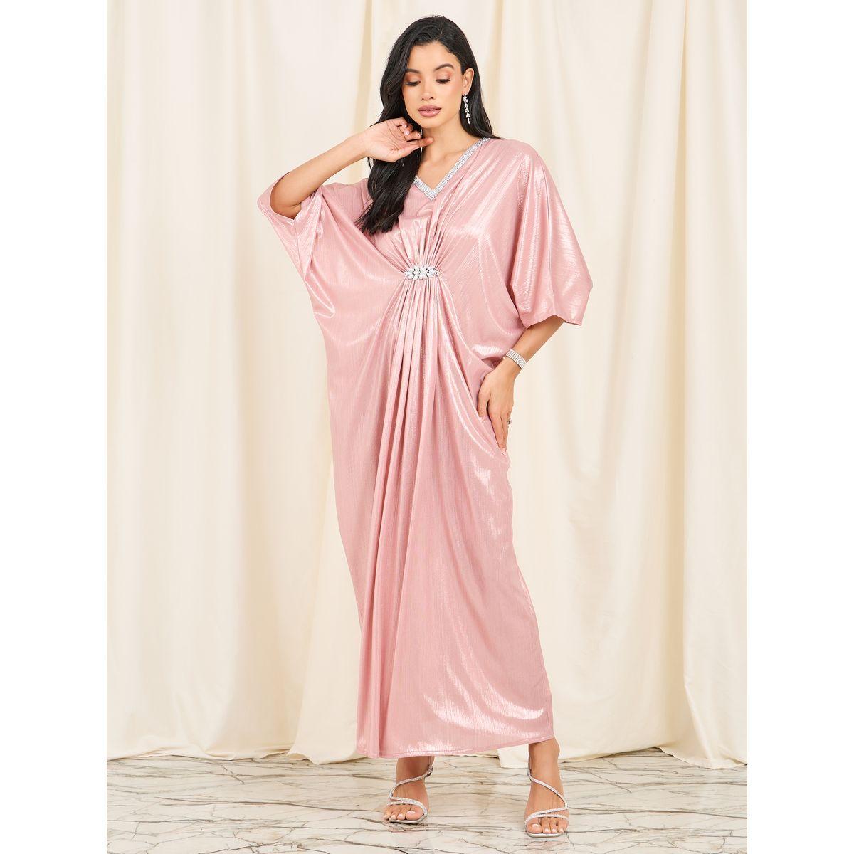 فستان طويل مزين بزمة مع تفاصيل براقة-women-clothing-dresses-image-1