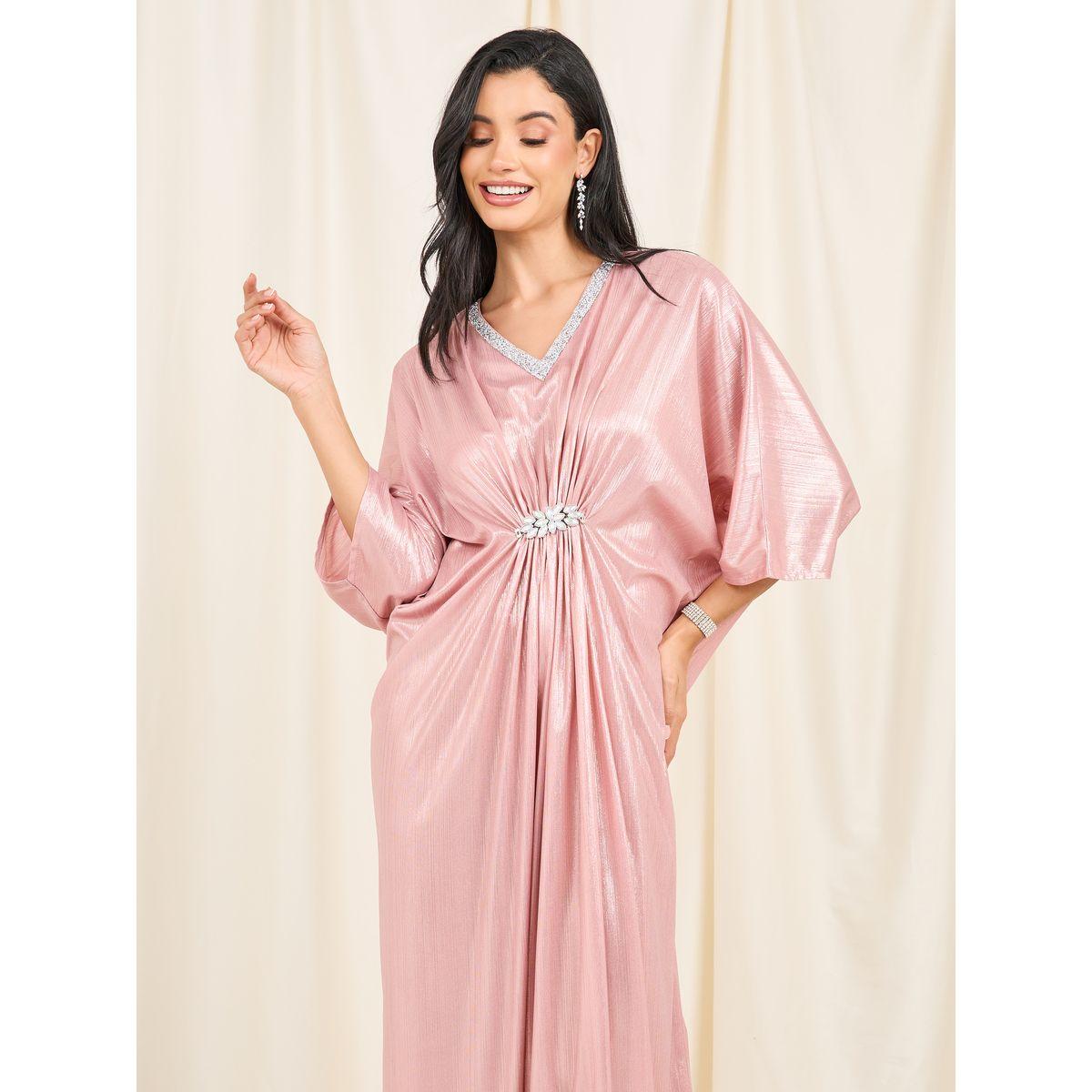 Styli Limited Embellished Neck Ruched Detail Metallic Maxi Dress-women-clothing-dresses-image-2