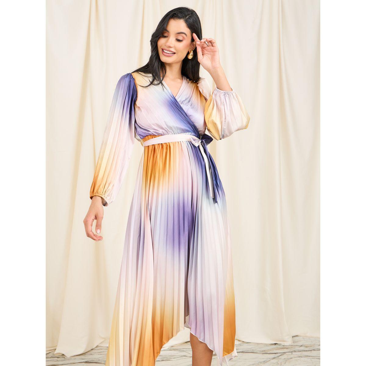 Styli Limited Satin Tie and Dye Print Pleated A-Line Midi Dress with Self Tie Up-women-clothing-dresses-image-2
