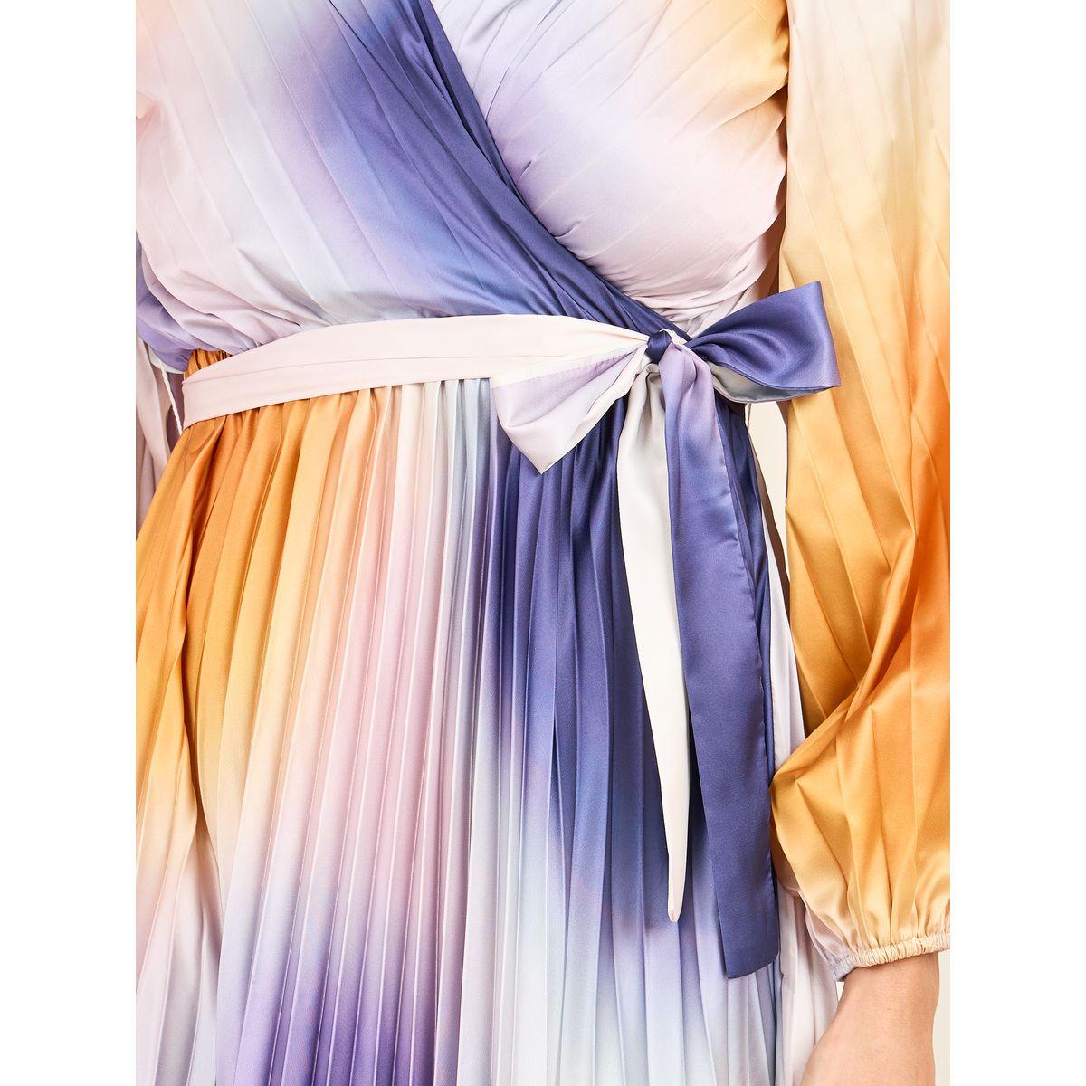 Styli Limited Satin Tie and Dye Print Pleated A-Line Midi Dress with Self Tie Up-women-clothing-dresses-image-3