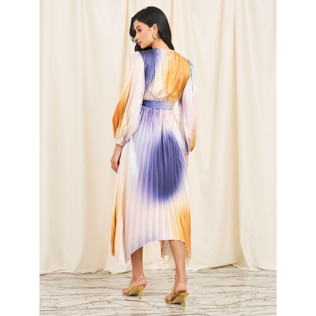 Styli Limited Satin Tie and Dye Print Pleated A-Line Midi Dress with Self Tie Up-women-clothing-dresses-image-4
