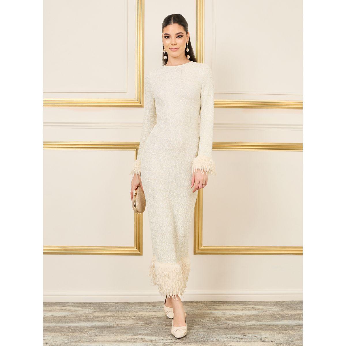Styli Faux Fur Trim Textured Glitter Bodycon Maxi Dress-women-clothing-dresses-image-1