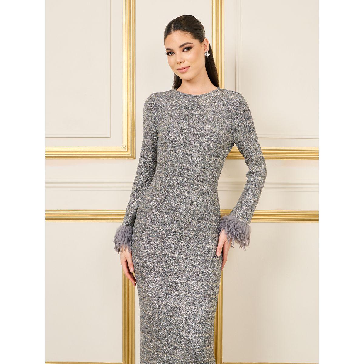 فستان طويل ضيق مزين بفرو صناعي-women-clothing-dresses-image-2
