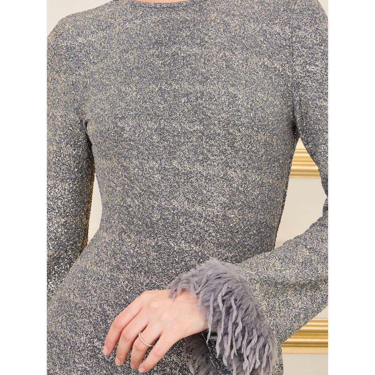 Styli Limited Faux Fur Trim Textured Glitter Bodycon Maxi Dress-women-clothing-dresses-image-3