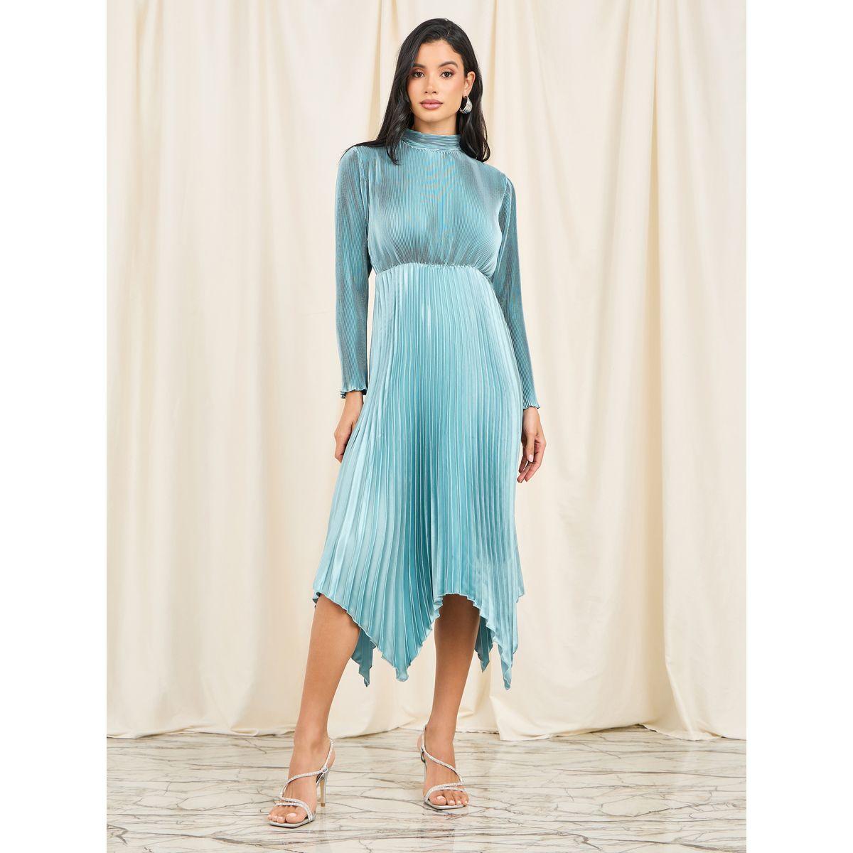 فستان ميدي بليسيه بياقة عالية-women-clothing-dresses-image-1