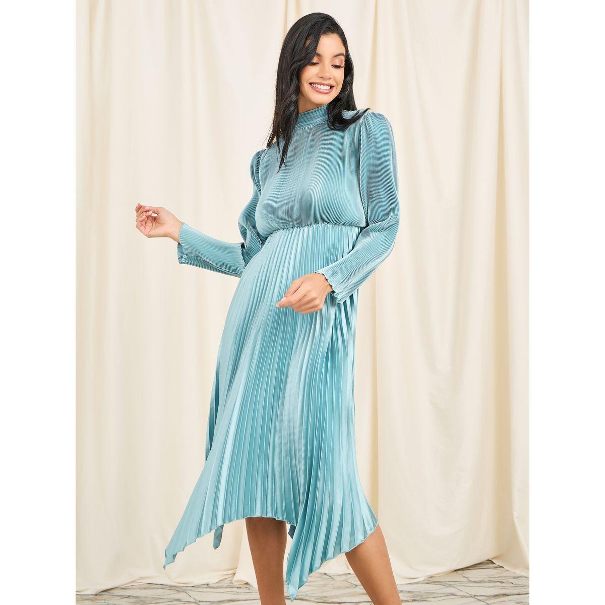 فستان ميدي بليسيه بياقة عالية-women-clothing-dresses-image-2