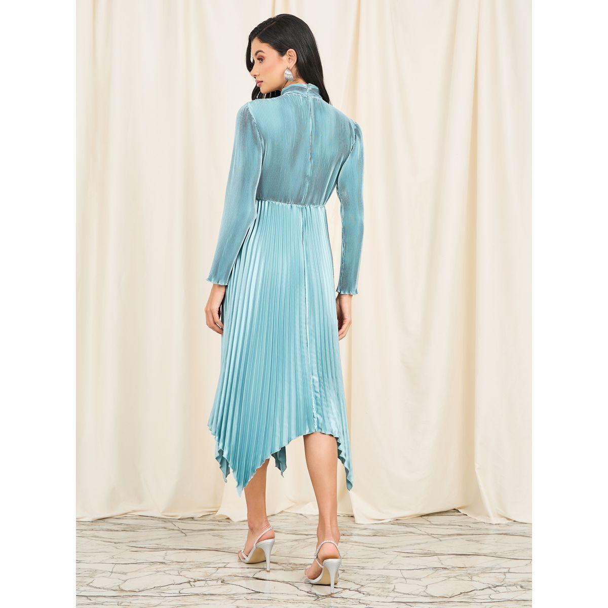 فستان ميدي بليسيه بياقة عالية-women-clothing-dresses-image-4