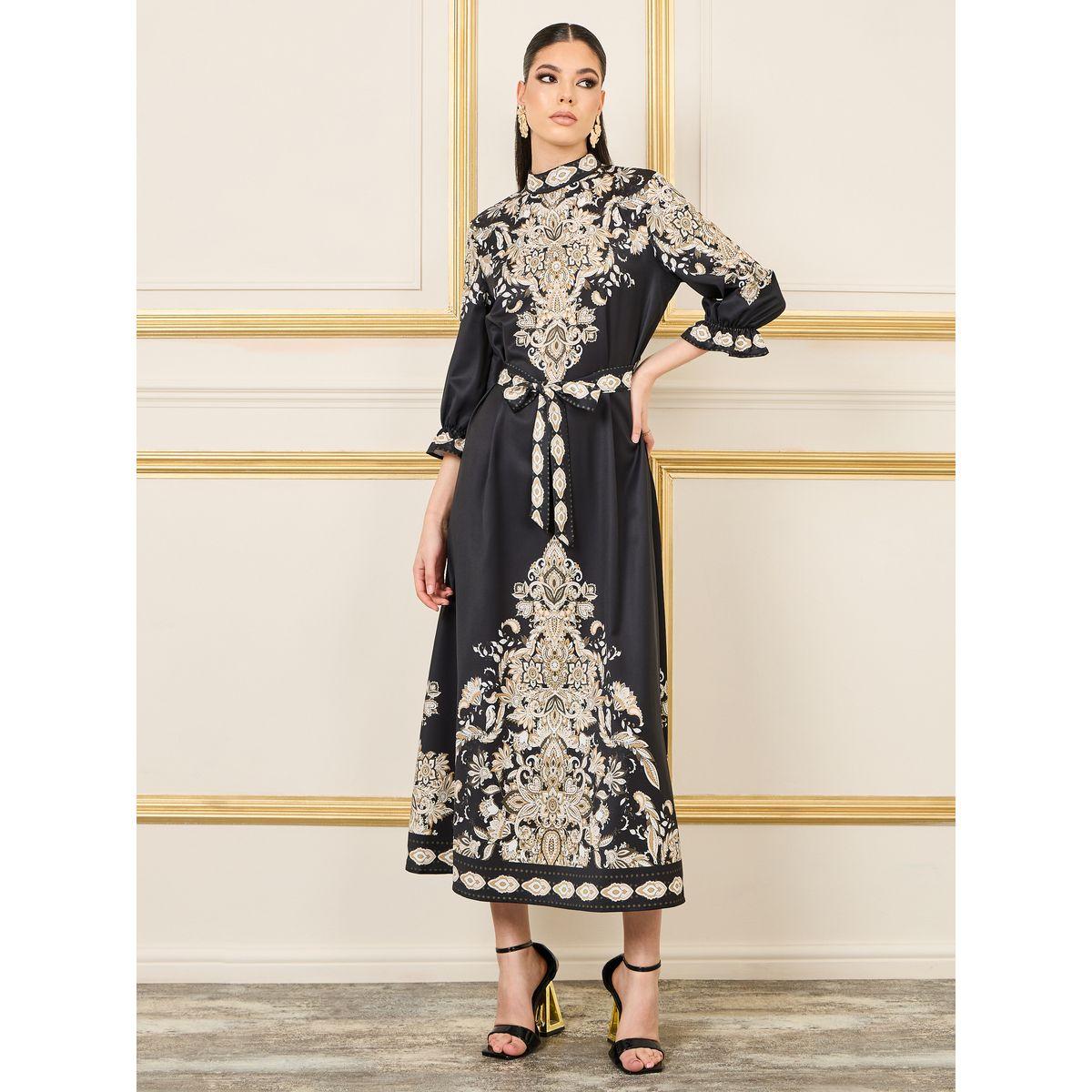 فستان طويل بياقة عالية ورباط خصر-women-clothing-dresses-image-1