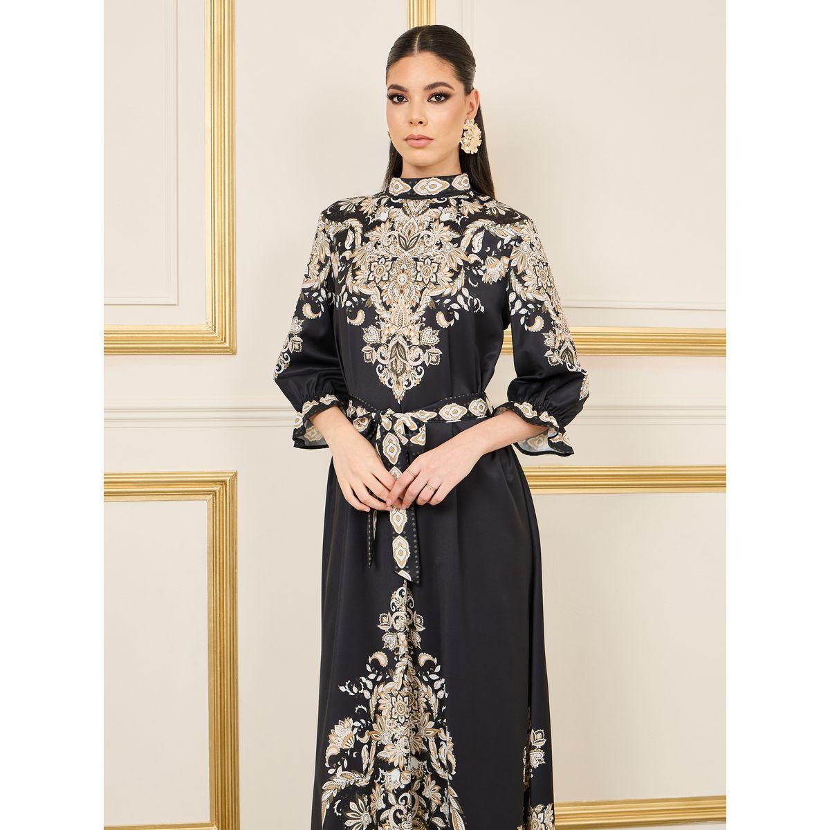 فستان طويل بياقة عالية ورباط خصر-women-clothing-dresses-image-2
