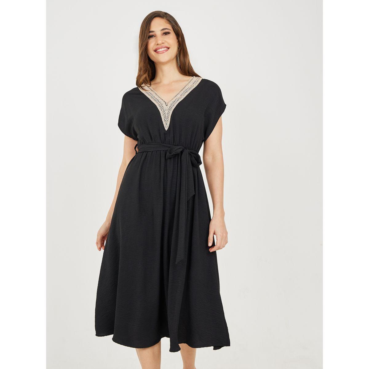 Styli Lace Trim V Neck Crepe A-Line Midi Dress with Self Tie Up-women-clothing-dresses-image-1