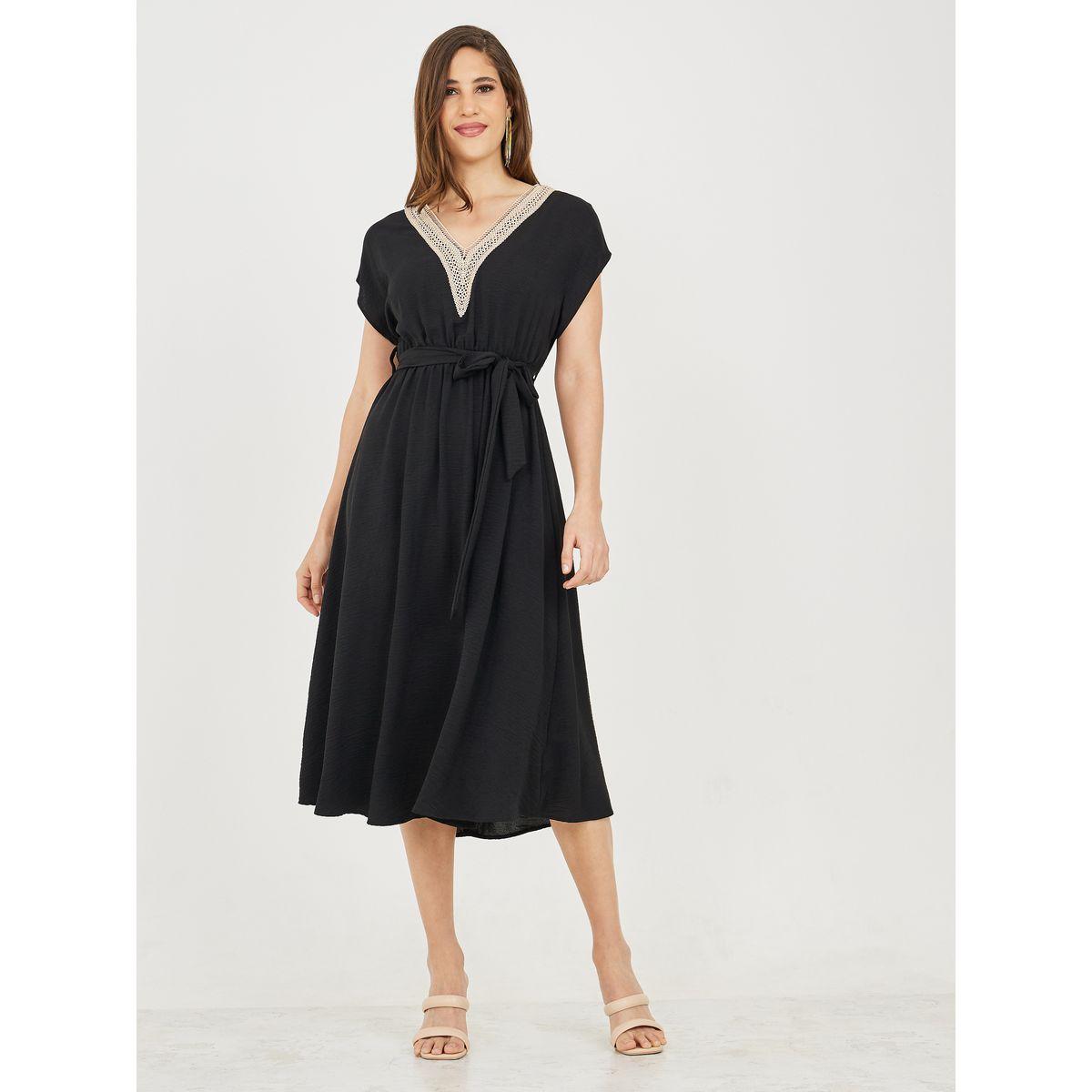 Styli Lace Trim V Neck Crepe A-Line Midi Dress with Self Tie Up-women-clothing-dresses-image-2