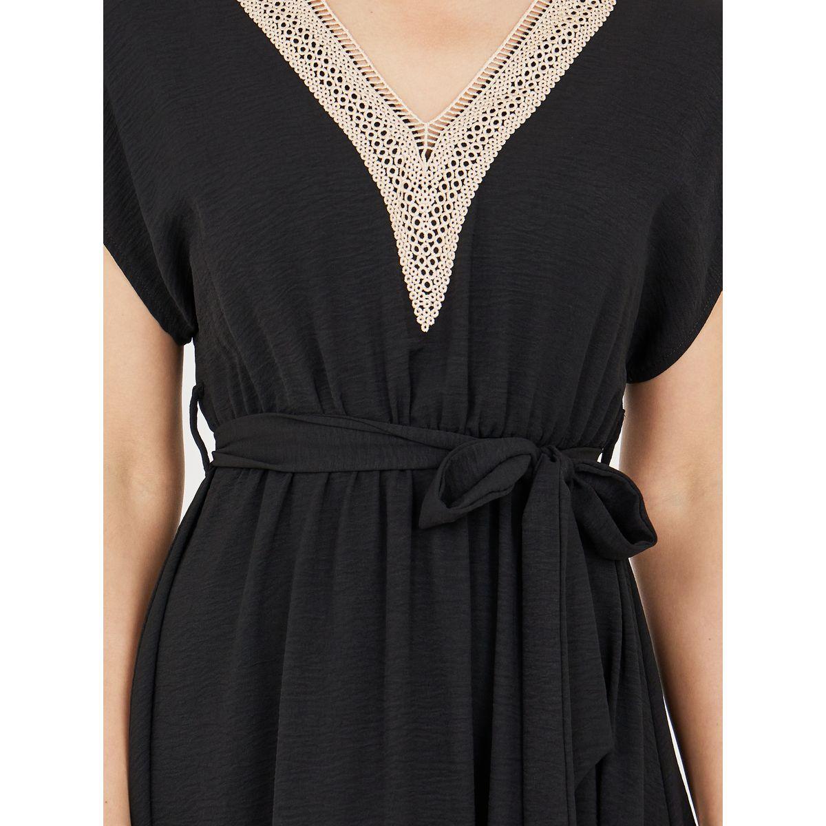 Styli Lace Trim V Neck Crepe A-Line Midi Dress with Self Tie Up-women-clothing-dresses-image-3