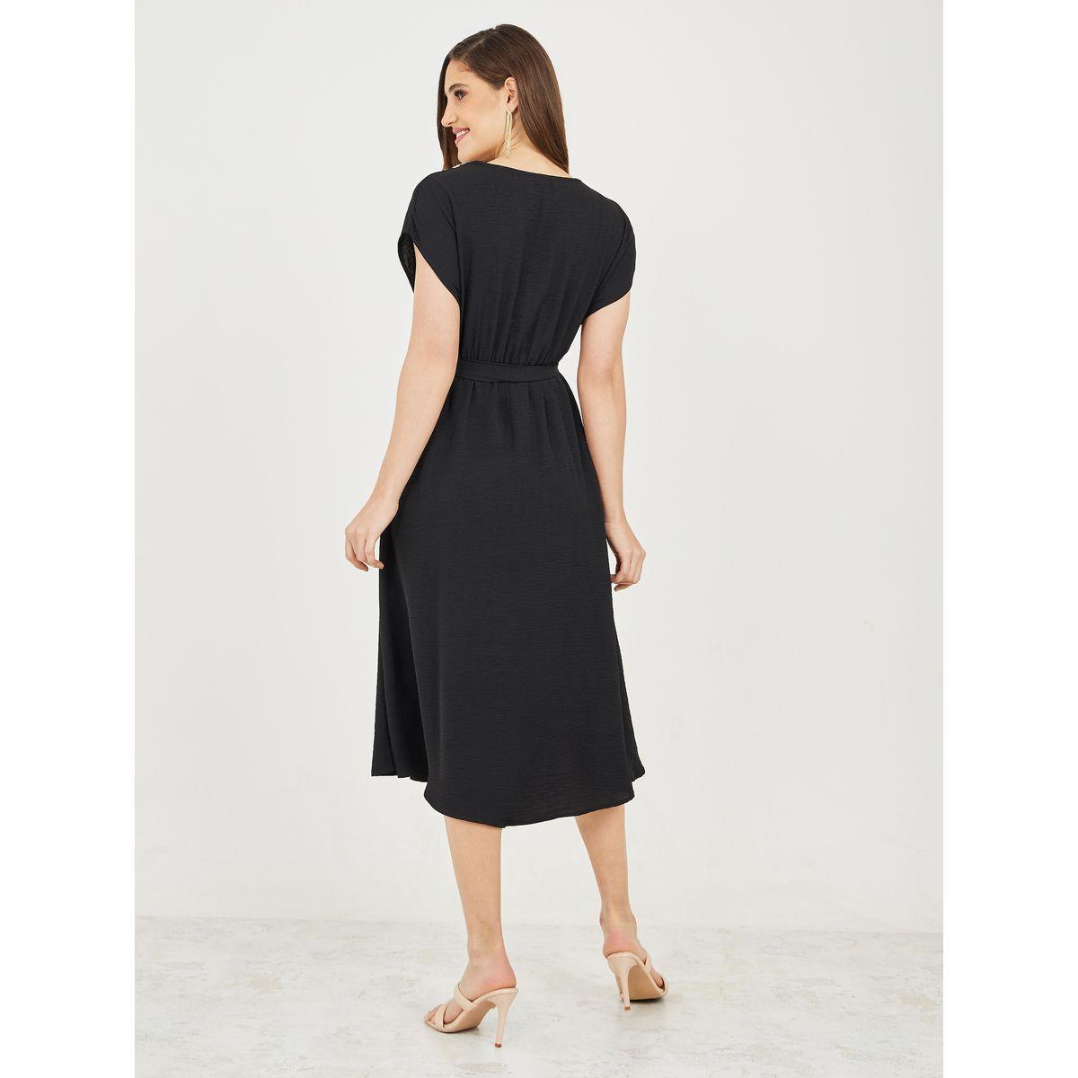 Styli Lace Trim V Neck Crepe A-Line Midi Dress with Self Tie Up-women-clothing-dresses-image-4