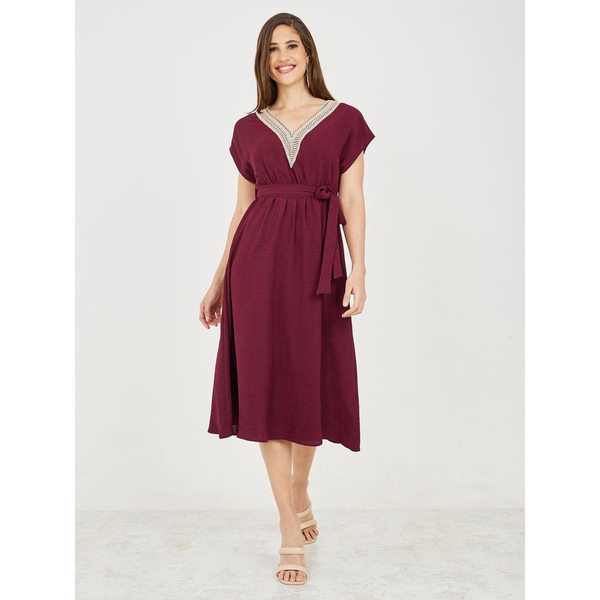 Styli Lace Trim V Neck Crepe A-Line Midi Dress with Self Tie Up-women-clothing-dresses-image-1