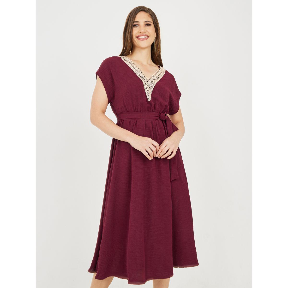 Styli Lace Trim V Neck Crepe A-Line Midi Dress with Self Tie Up-women-clothing-dresses-image-2