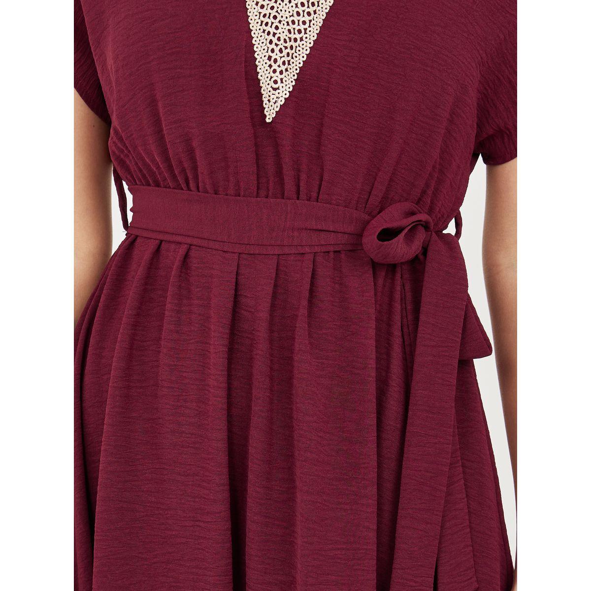 Styli Lace Trim V Neck Crepe A-Line Midi Dress with Self Tie Up-women-clothing-dresses-image-3