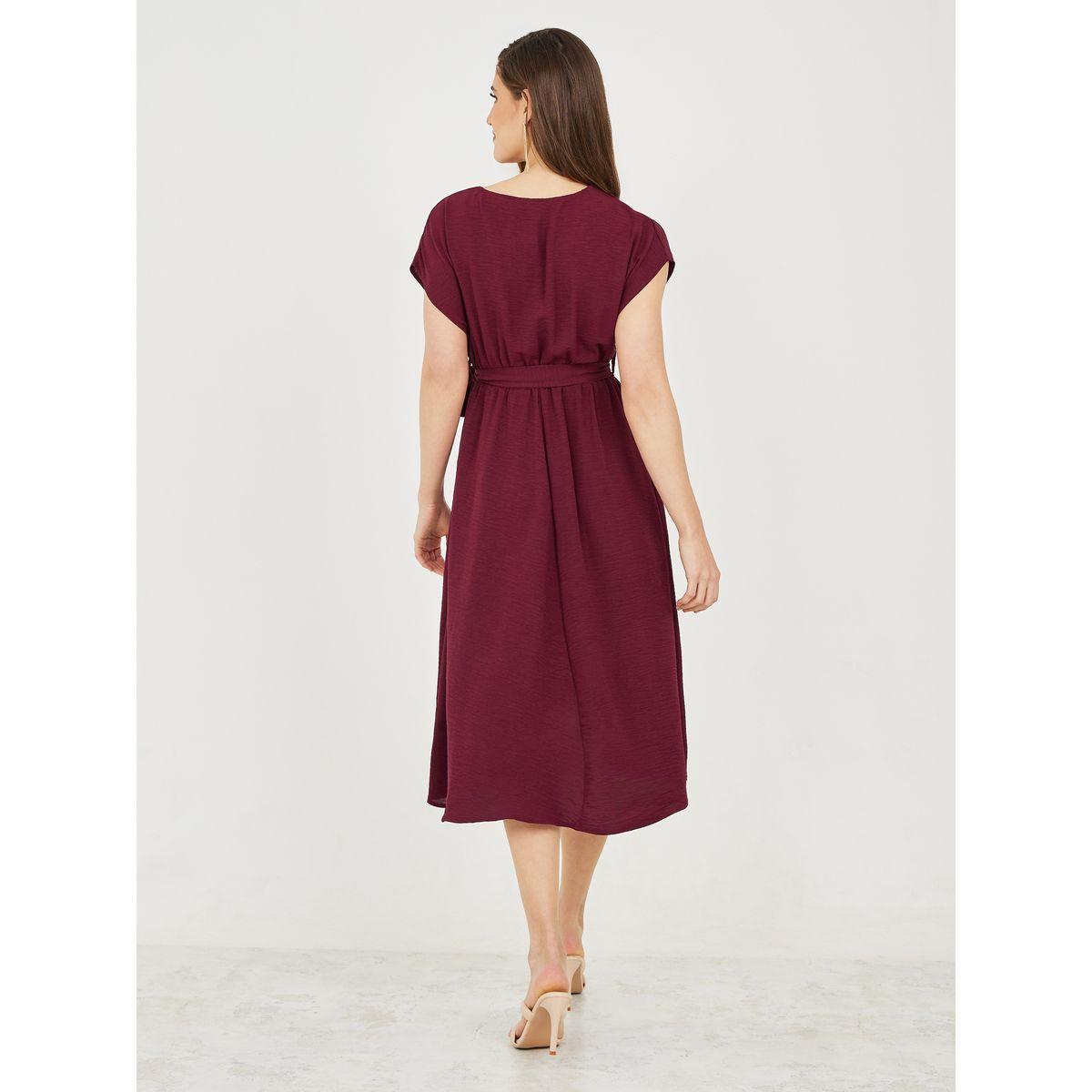 Styli Lace Trim V Neck Crepe A-Line Midi Dress with Self Tie Up-women-clothing-dresses-image-4