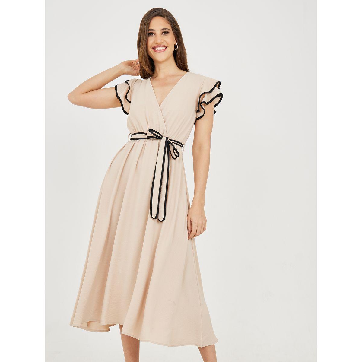 Styli Contrast Trim Ruffle Sleeves Self Tie Up A-Line Midi Dress-women-clothing-dresses-image-1