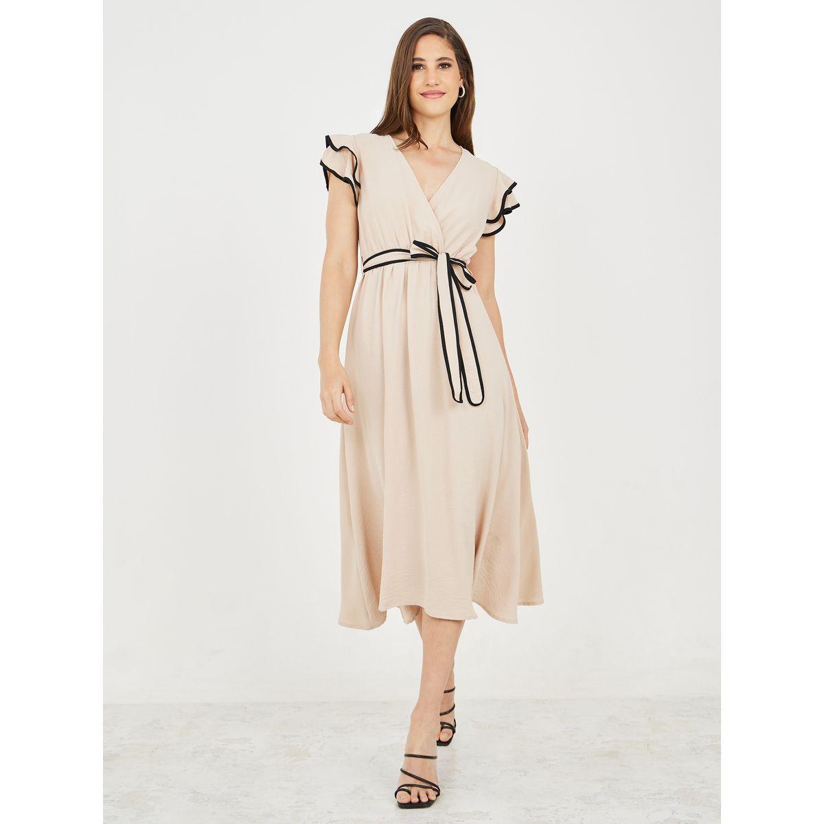 فستان ميدي باكمام كشكش ورباط خصر-women-clothing-dresses-image-2
