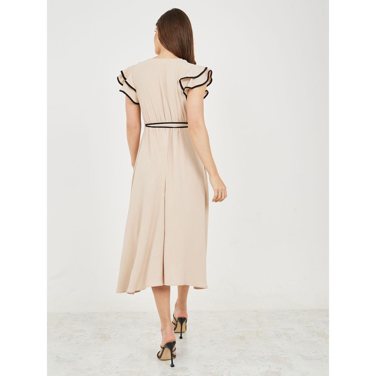 Styli Contrast Trim Ruffle Sleeves Self Tie Up A-Line Midi Dress-women-clothing-dresses-image-4