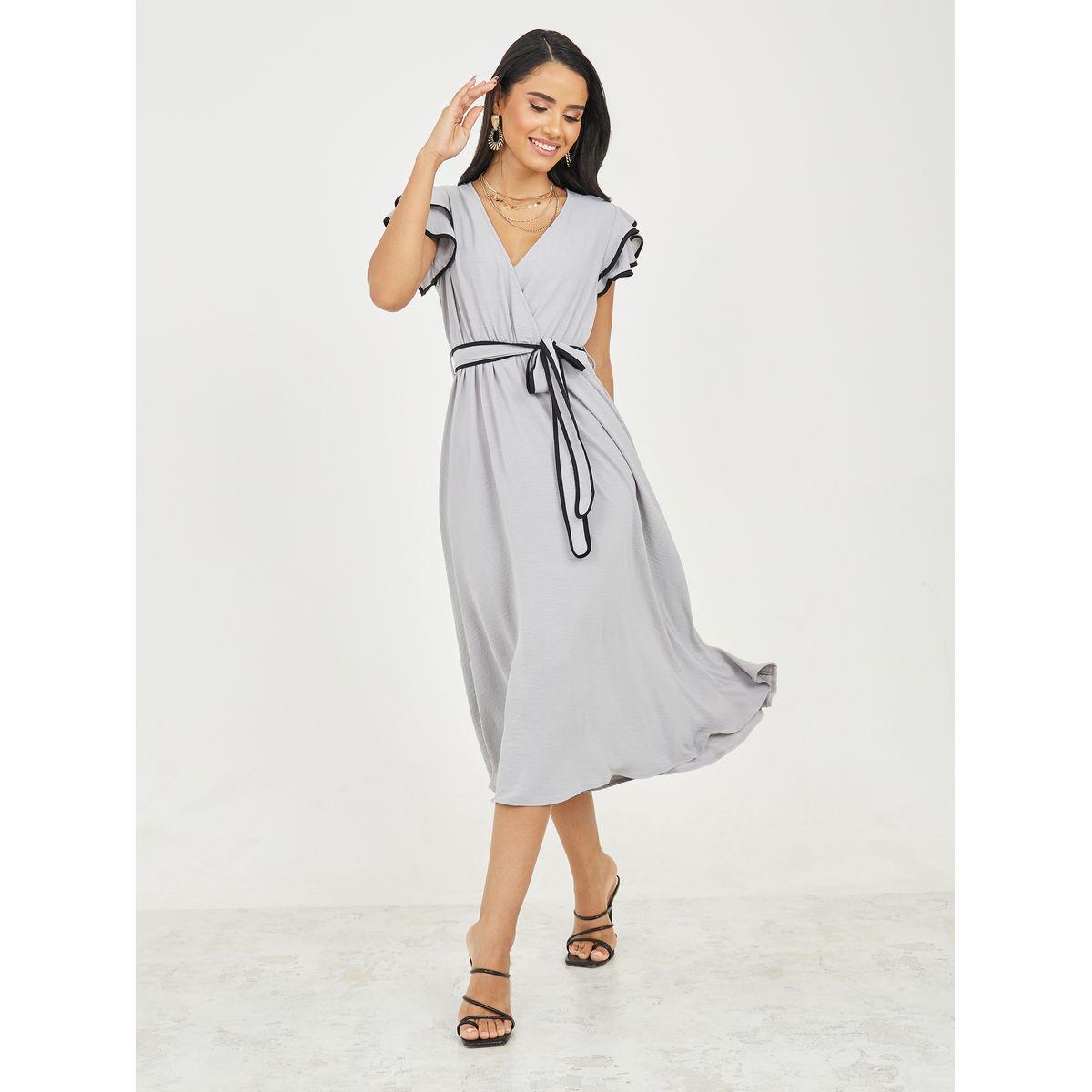 فستان ميدي باكمام كشكش واربطة-women-clothing-dresses-image-1