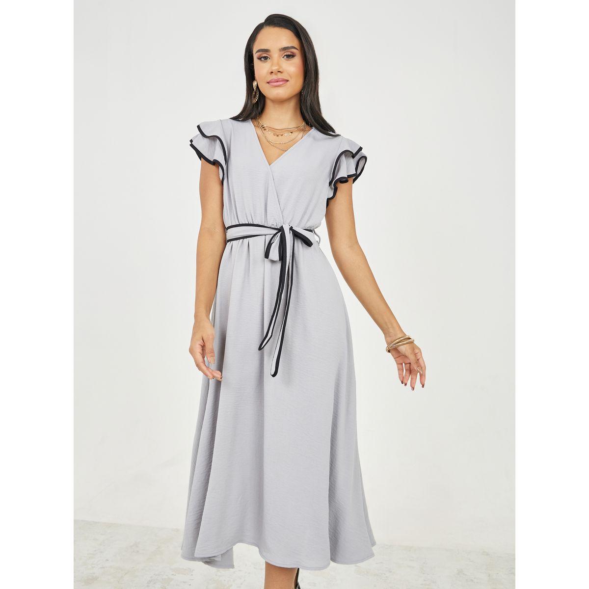 Styli Contrast Trim Ruffle Sleeves Self Tie Up A-Line Midi Dress-women-clothing-dresses-image-2