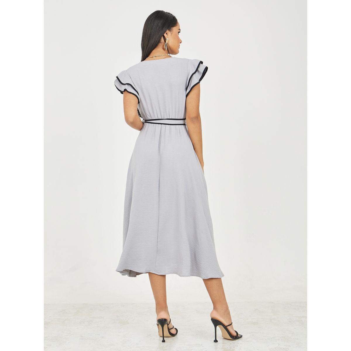 فستان ميدي باكمام كشكش واربطة-women-clothing-dresses-image-4