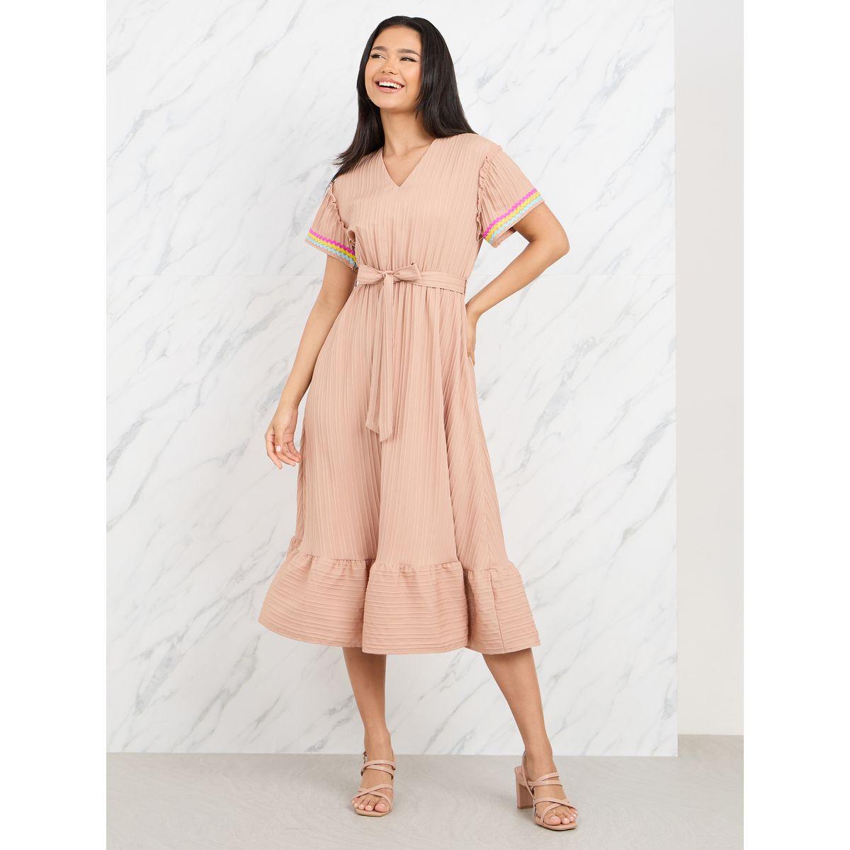 Styli Lace Embroidered Short Sleeves A-Line Midi Dress with Self Tie Up-women-clothing-dresses-image-1