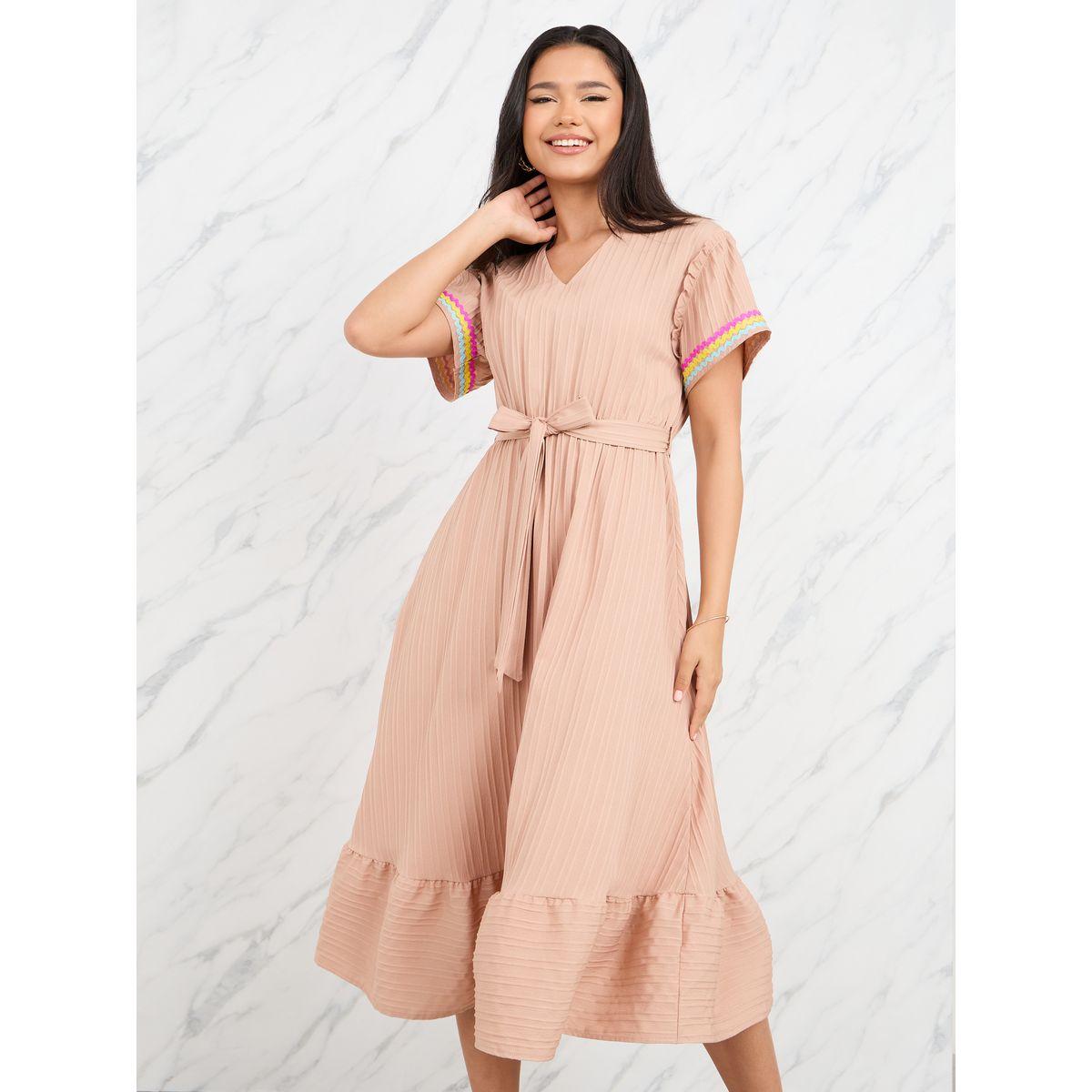 Styli Lace Embroidered Short Sleeves A-Line Midi Dress with Self Tie Up-women-clothing-dresses-image-2