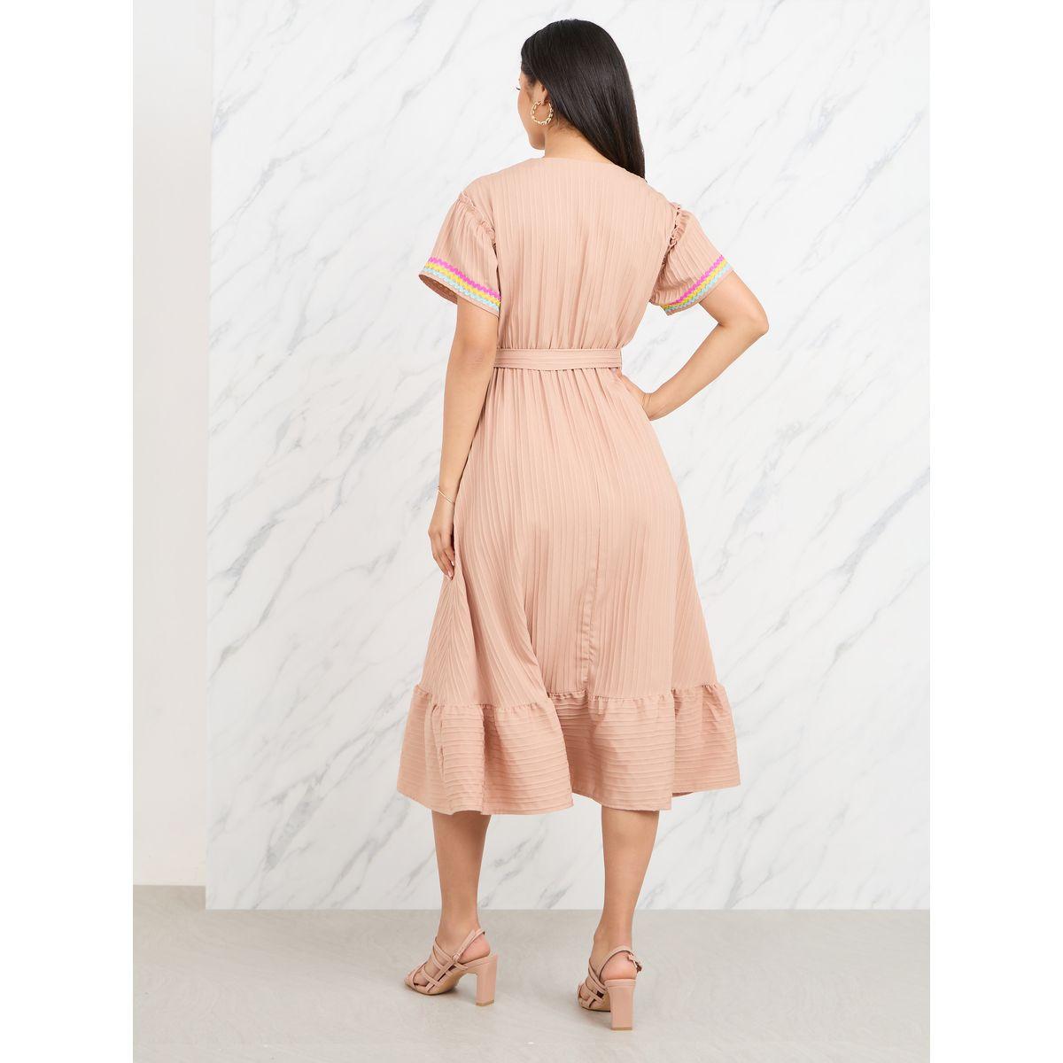 Styli Lace Embroidered Short Sleeves A-Line Midi Dress with Self Tie Up-women-clothing-dresses-image-4