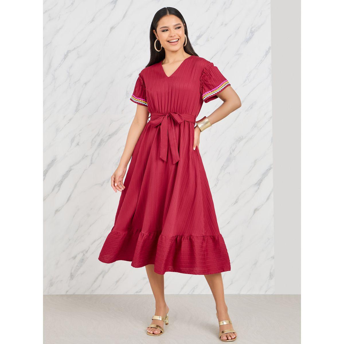 فستان ميدي باكمام قصيرة مع اربطة-women-clothing-dresses-image-1