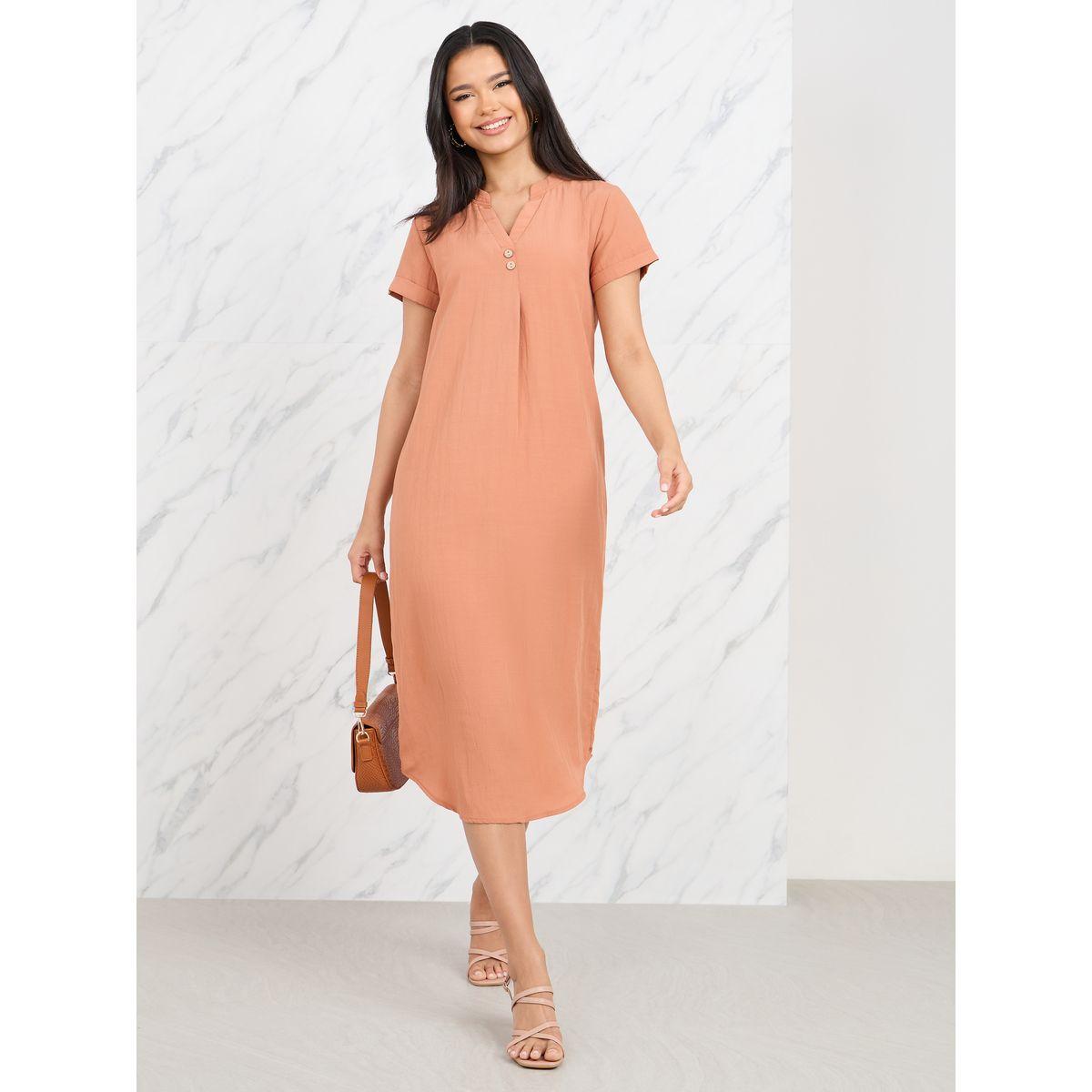 Styli Button Detail Notch Neck Curved Hem Midi Dress-women-clothing-dresses-image-1