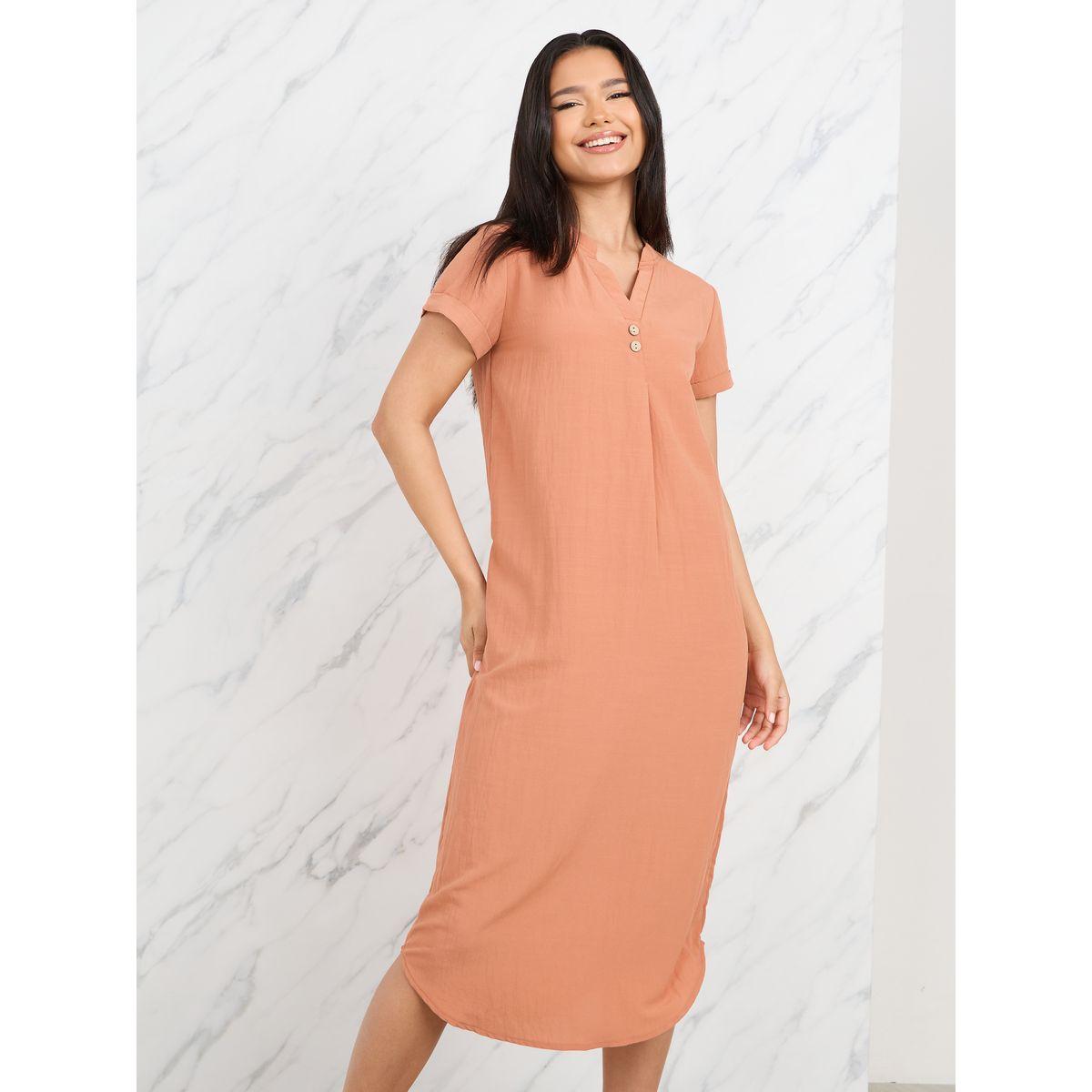 Styli Button Detail Notch Neck Curved Hem Midi Dress-women-clothing-dresses-image-2
