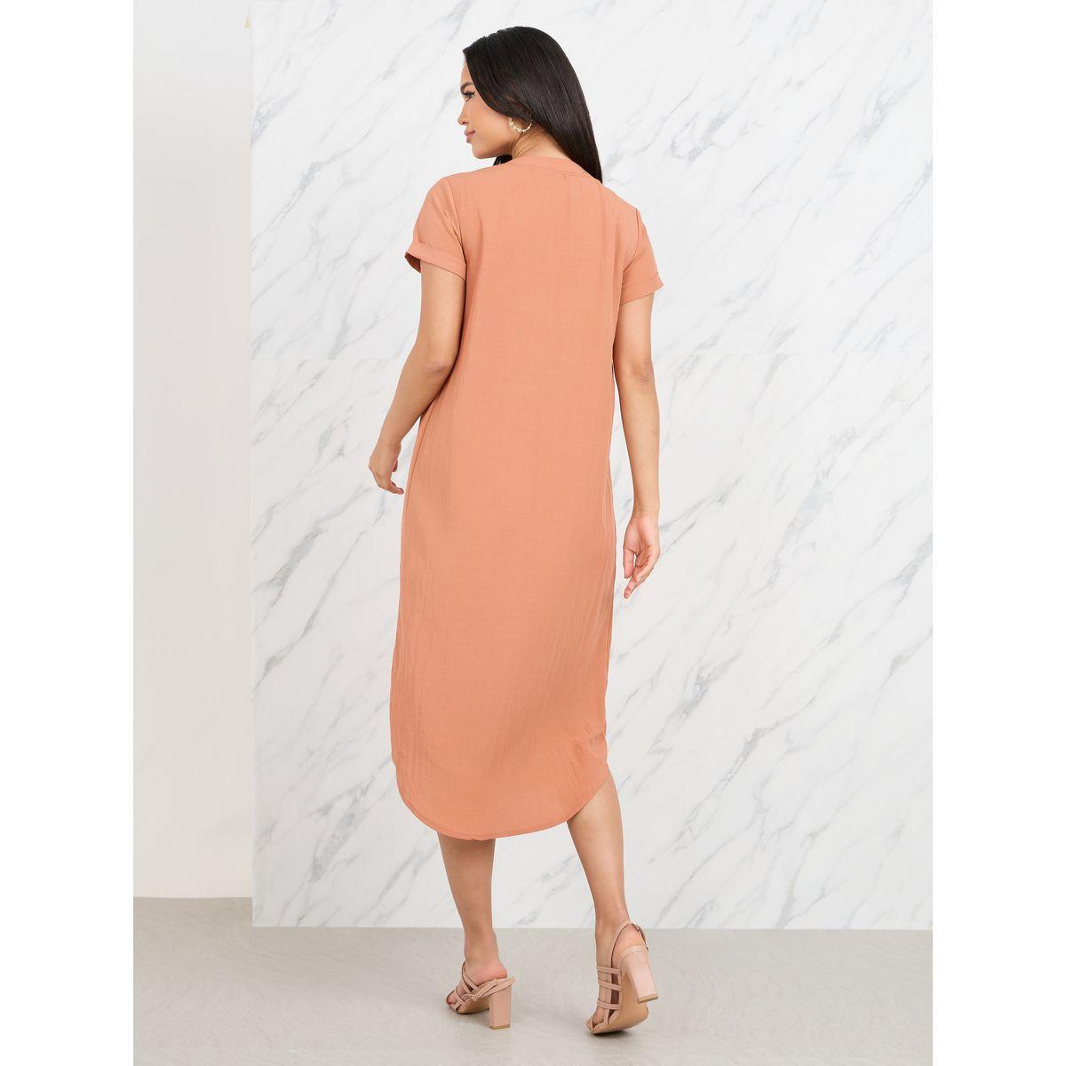 Styli Button Detail Notch Neck Curved Hem Midi Dress-women-clothing-dresses-image-4