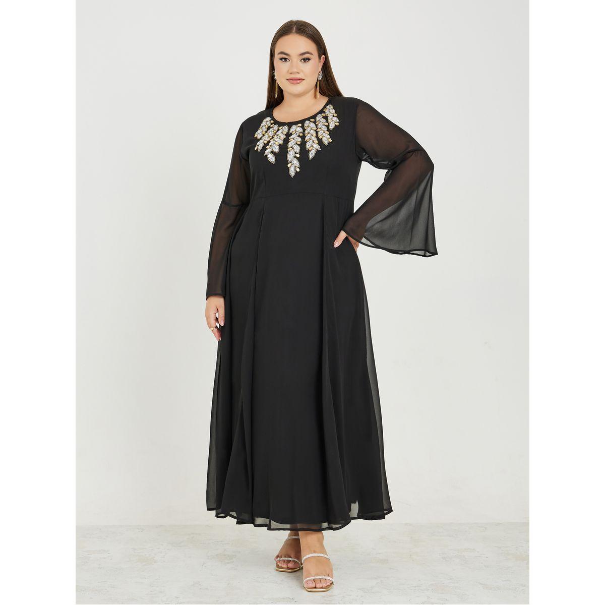 Styli Plus Beaded Embellished Bell Sleeves A-Line Maxi Dress-women-clothing-dresses-image-1
