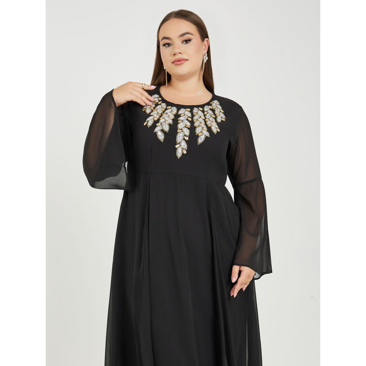 Styli Plus Beaded Embellished Bell Sleeves A-Line Maxi Dress-women-clothing-dresses-image-2