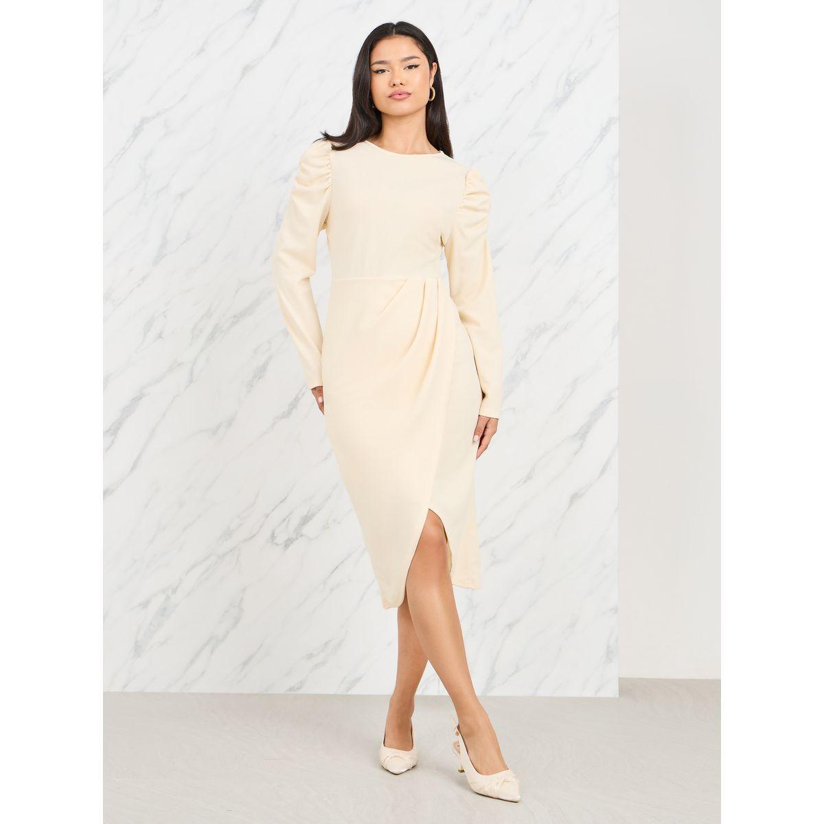 Styli Puff Sleeves Pleated Wrap Style Midi Dress-women-clothing-dresses-image-1