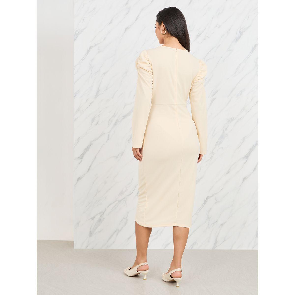 فستان ميدي بنمط لف واكمام منفوخة-women-clothing-dresses-image-4