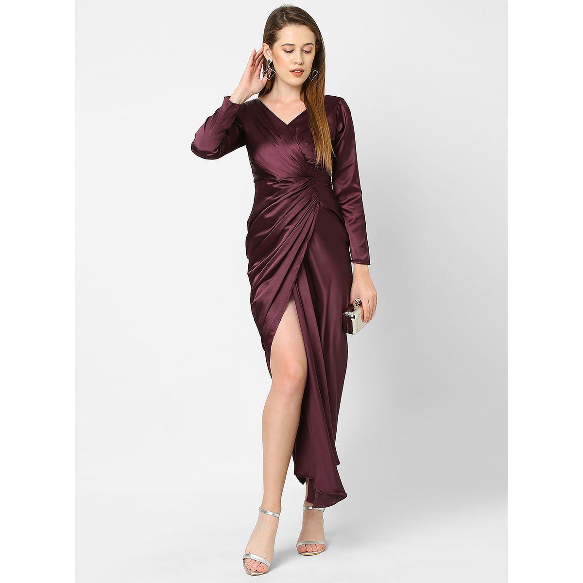 Gathered Front V Neck Satin Maxi Dress-women-clothing-dresses-image-1