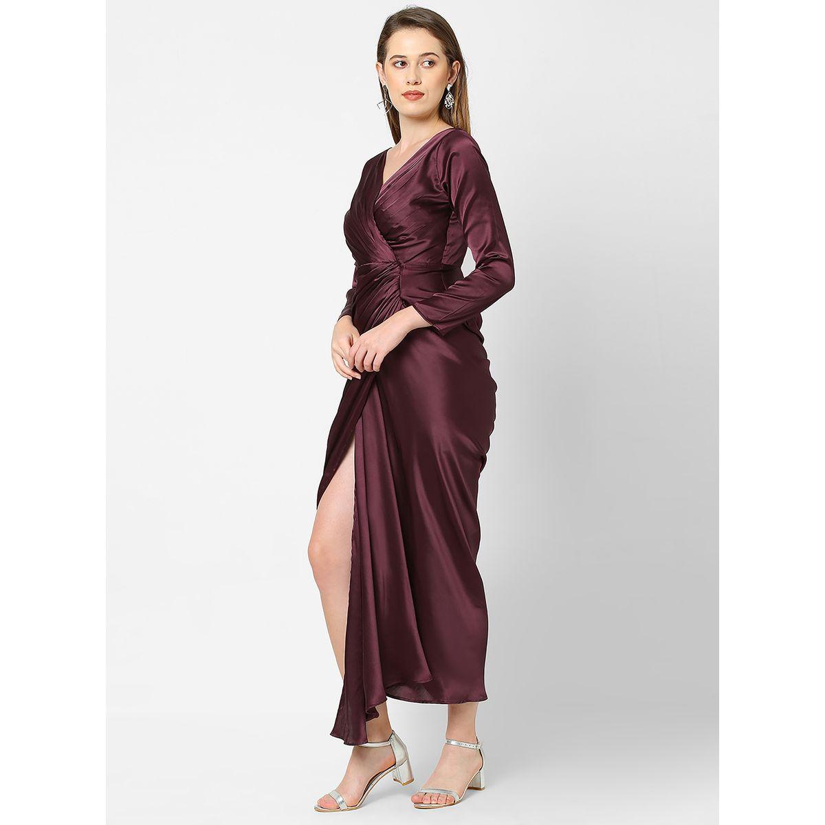 Gathered Front V Neck Satin Maxi Dress-women-clothing-dresses-image-3